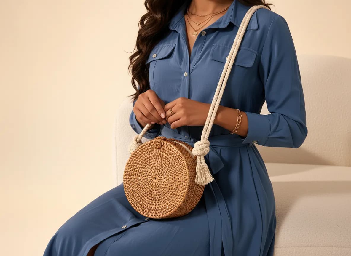 فستان قميص أزرق بحقيبة خوص — Redaa blue shirt dress with rattan bag