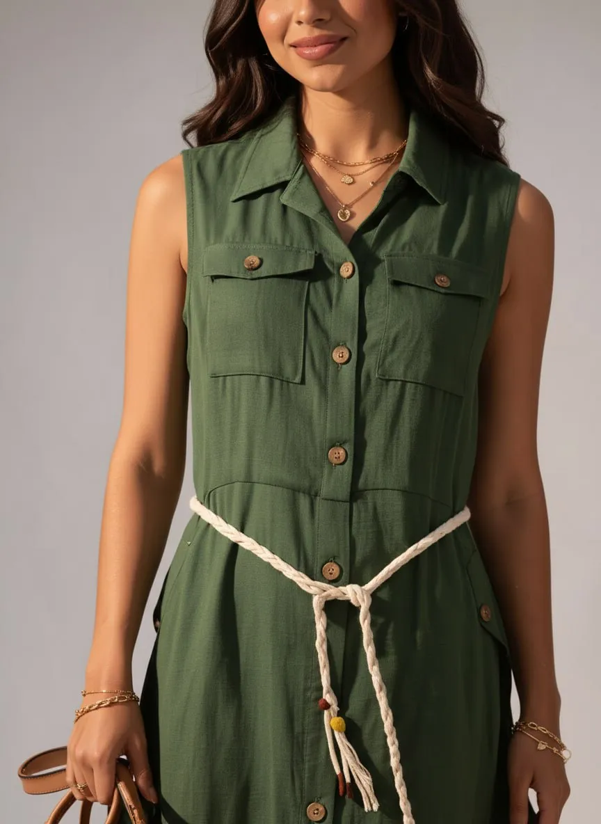 فستان أخضر بحزام حبل — Redaa green rope-belt dress